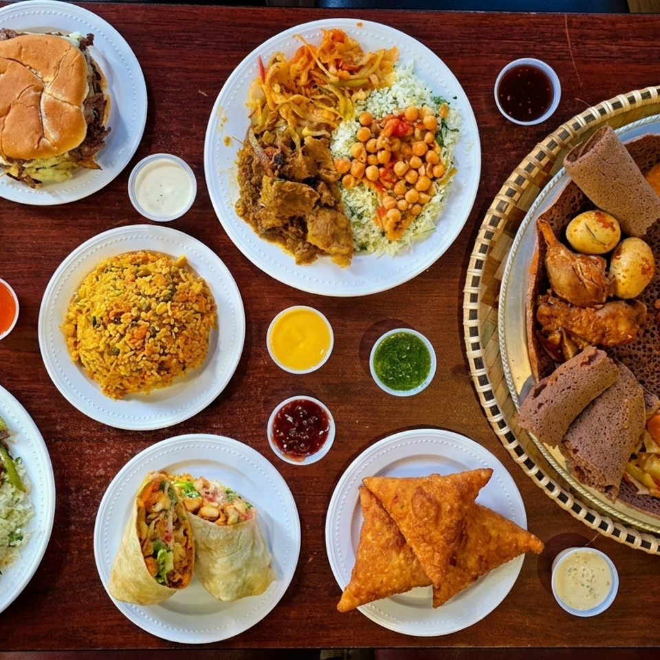 An overhead view of a table laden with various Ethiopian dishes, including injera, stews, and sides.